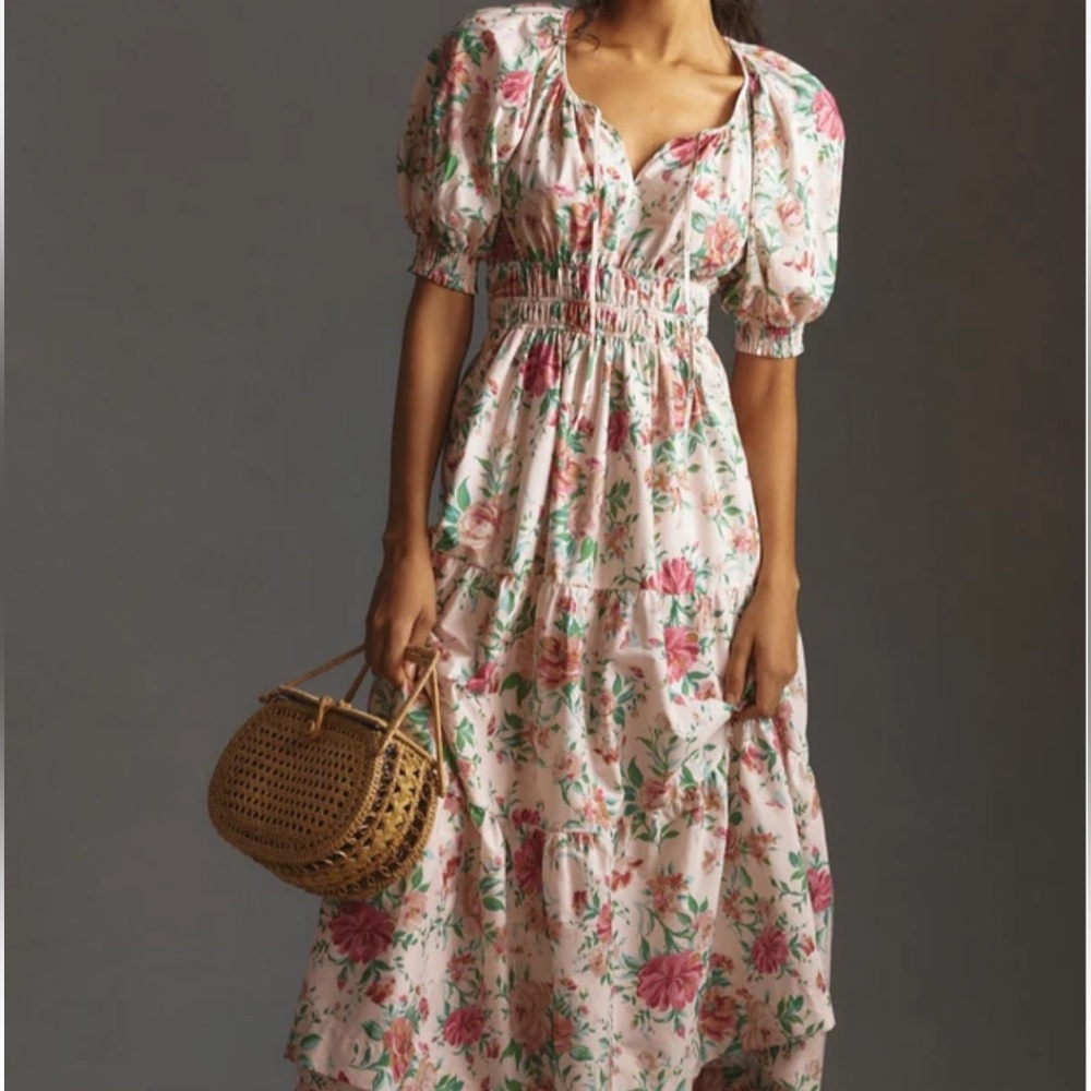 Anthropologie Somerset Pink and Red Floral Smocked Puff Sleeve Midi Dress-NWT